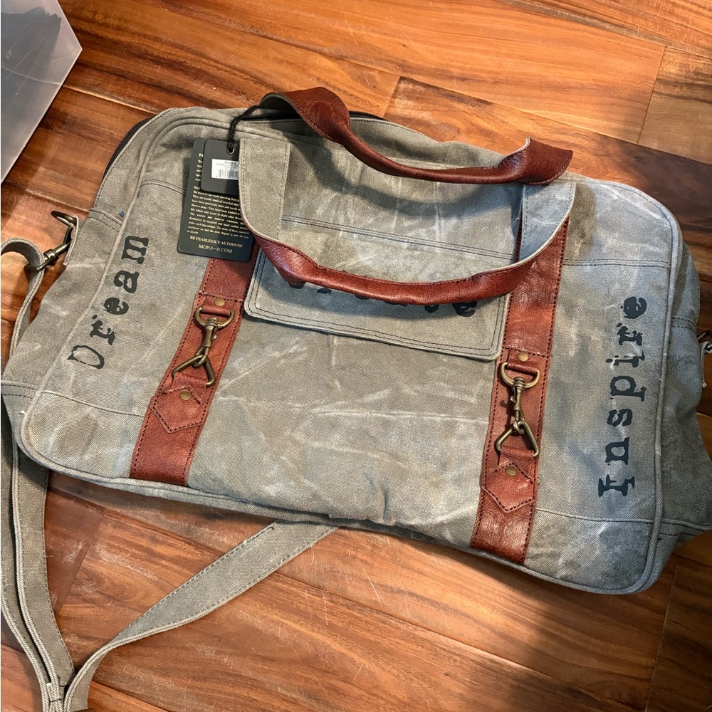 Mona B Gray Waxed Canvas Leather Duffle Bag Weekender Travel NWT